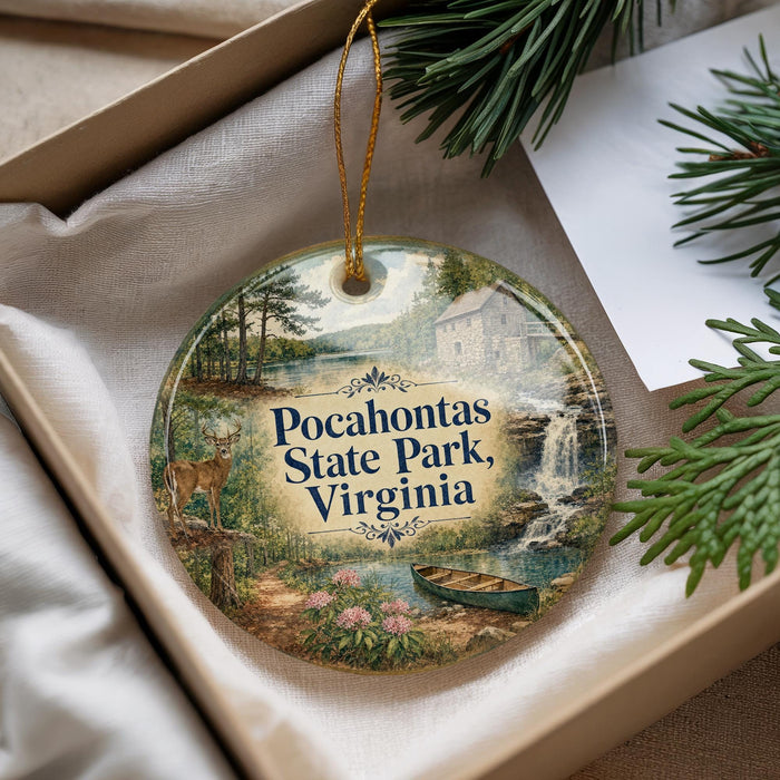 A decorative ornament featuring a scenic image of Pocahontas State Park, Virginia, with a deer, a waterfall, and a boat in the water.