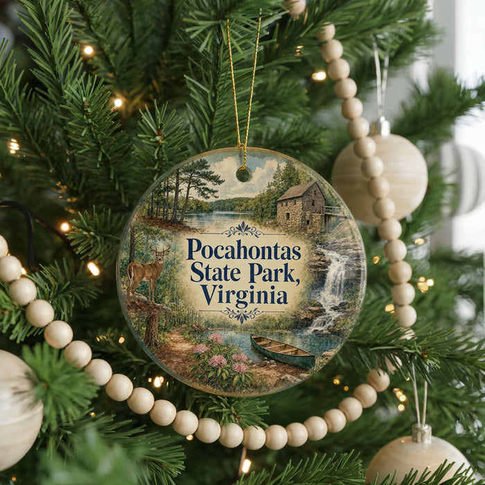 A round ornament hanging on a Christmas tree, featuring a scenic image of the Pocahontas State Park in Virginia.