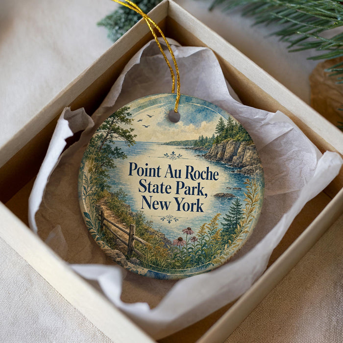 A decorative ornament in a white box, featuring a scenic landscape with a body of water, trees, and a bridge.