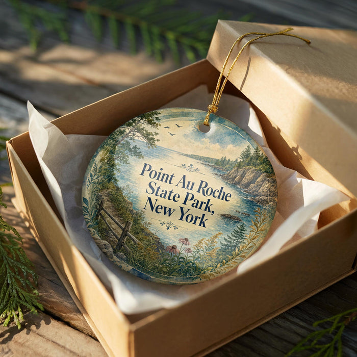 A decorative ornament in a brown box, featuring a scenic landscape with a body of water and trees, with the text "Point Au Roche State Park, New York" printed on it.