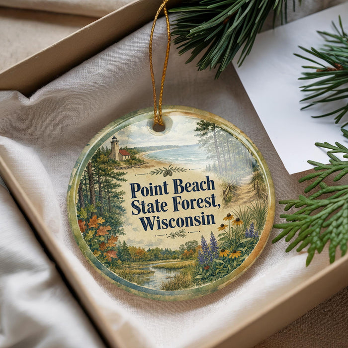 A decorative ornament with a scenic landscape of Point Beach State Forest, Wisconsin, featuring a lighthouse and pine trees.