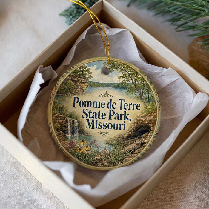 A decorative ornament in a box, featuring a scenic landscape with a waterfall and a forest.