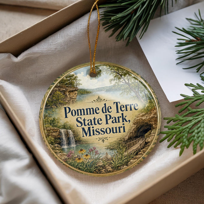 A decorative ornament with a scenic landscape of Terre State Park, Missouri, featuring a waterfall and pine trees.