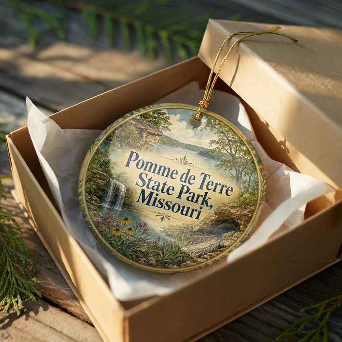 A decorative ornament in a box, featuring a scenic landscape with a waterfall and greenery, with the text "Pomme de Terre State Park, Missouri" printed on it.