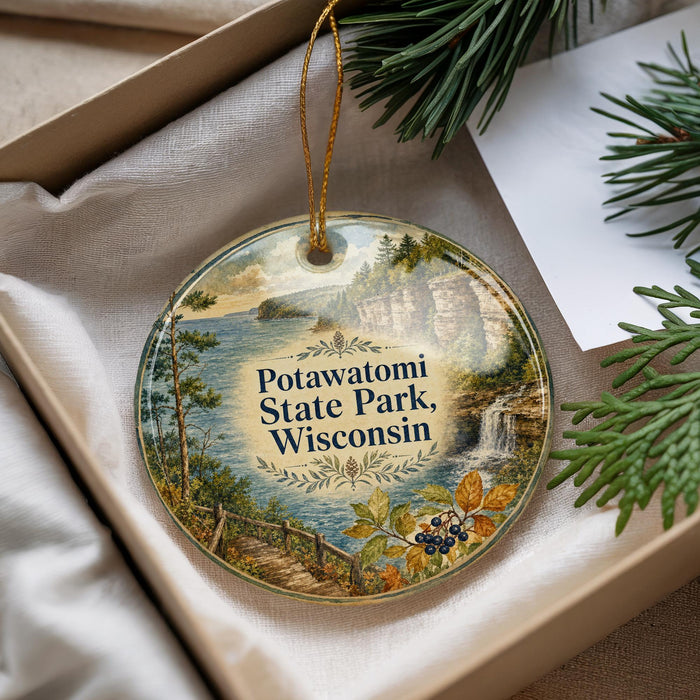 A decorative ornament with a scenic landscape of Potawatomi State Park, Wisconsin, featuring a waterfall and pine trees.