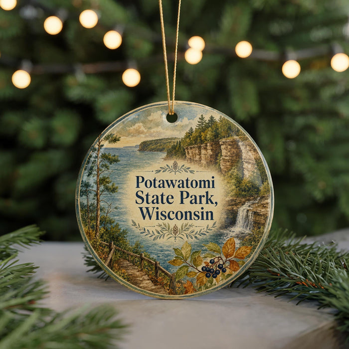 A round ornament with a scenic image of Potawatomi State Park, Wisconsin, hanging from a string.