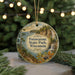 A round ornament with a scenic image of Potawatomi State Park, Wisconsin, hanging from a string.