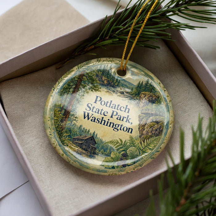 A decorative ornament in a box, featuring a scenic image of Potlatch State Park in Washington.