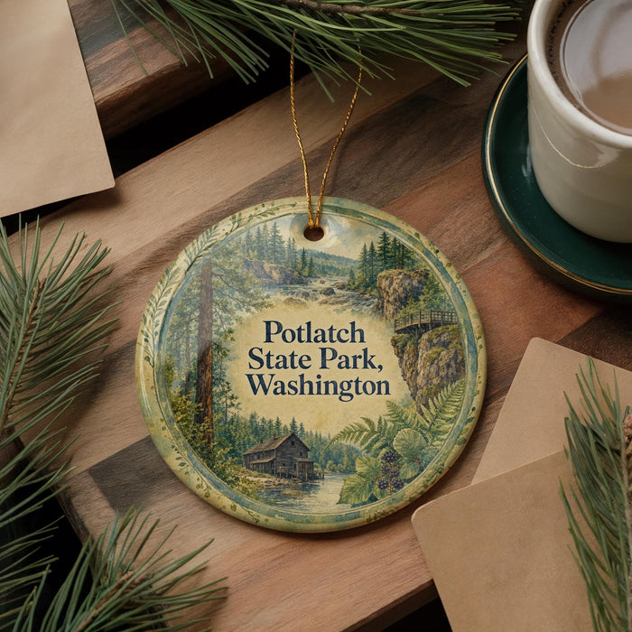 A decorative ornament with a scenic image of Potlatch State Park, Washington, featuring a cabin and a river, is displayed on a wooden surface alongside a cup of coffee and some pine branches.