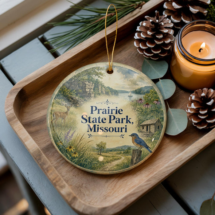 A decorative ornament featuring a scenic landscape of Prairie State Park, Missouri, with a bird perched on a tree branch. The ornament is placed on a wooden tray, surrounded by pine cones and a lit candle, creating a cozy and festive atmosphere.
