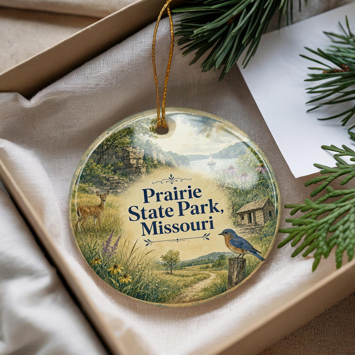 A decorative ornament with a scenic landscape of prairie state park, Missouri, featuring a bird perched on a tree stump and various natural elements such as grass, flowers, and a body of water.