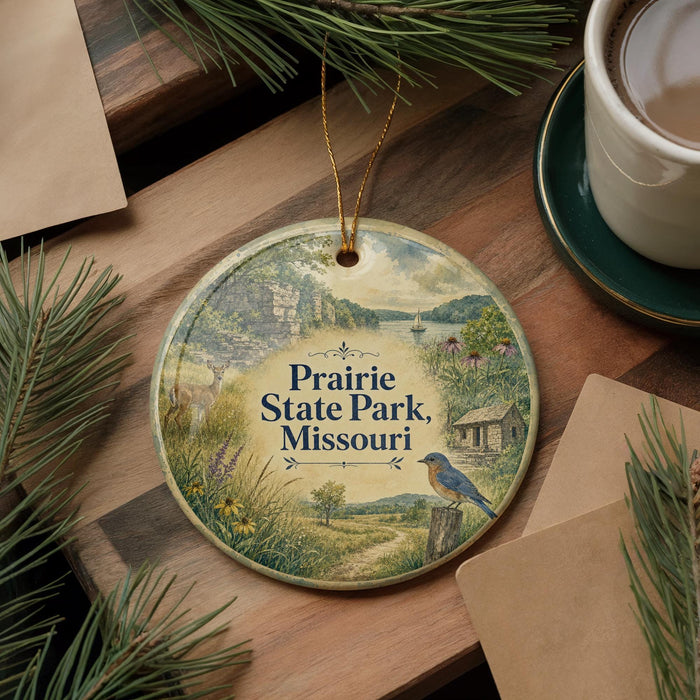A decorative ornament featuring a scenic landscape of Prairie State Park, Missouri, with a bird perched on a tree branch. The ornament is placed on a wooden surface, surrounded by pine branches and a cup of coffee.