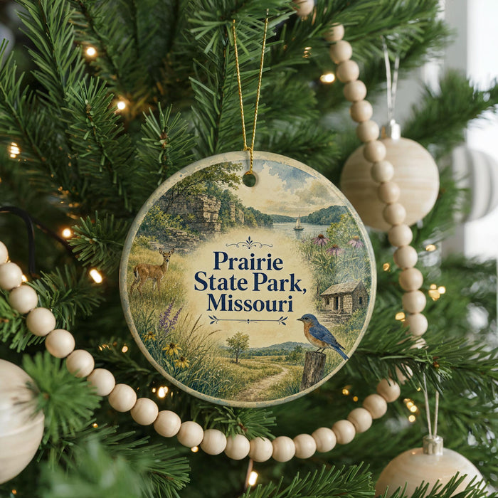 A round ornament hanging on a Christmas tree, featuring a scenic landscape with a bird, a cabin, and a river.