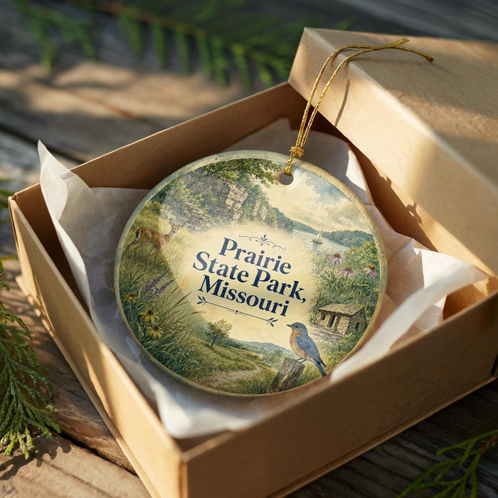 A decorative ornament in a wooden box, featuring a scenic landscape with a bird and a house, with the text "Prairie State Park, Missouri" displayed on the ornament.