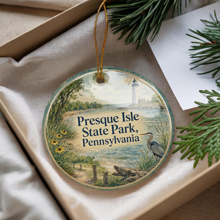 A decorative ornament with a lighthouse and a scenic landscape, featuring the text "Presque Isle State Park, Pennsylvania".