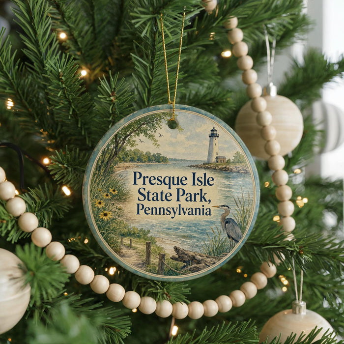 A round ornament hanging on a Christmas tree, featuring a lighthouse and a scenic landscape.