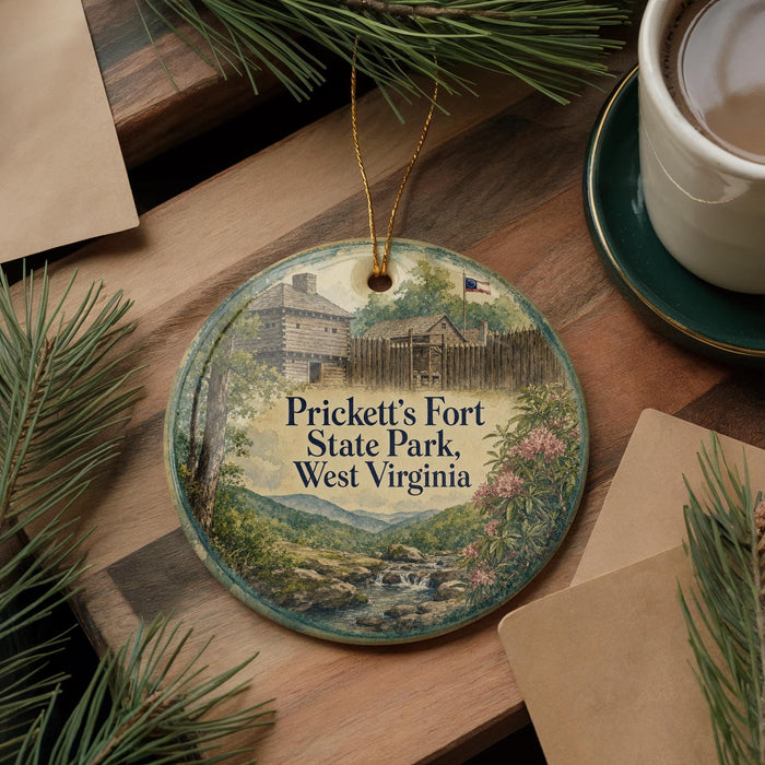 A decorative ornament featuring a scenic image of Prickett's Fort State Park, West Virginia, surrounded by pine branches and a cup of coffee on a wooden surface.