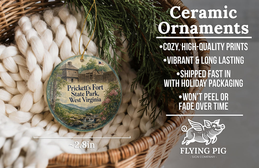 Ceramic ornaments, specifically a round ornament with a castle and trees, are displayed in a basket.