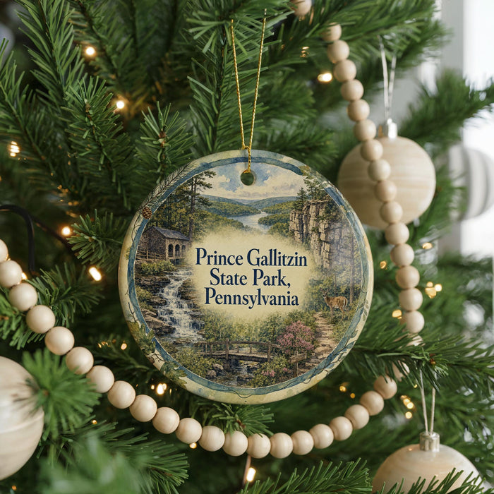 A round ornament hanging on a Christmas tree, featuring a scenic image of Prince Gallitzin State Park, Pennsylvania.