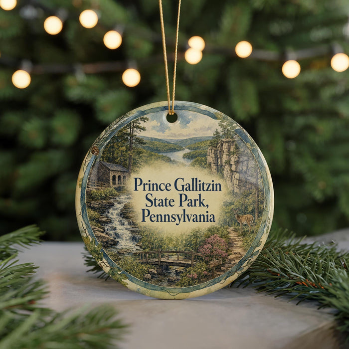 A round ornament with a scenic landscape of a river, bridge, and trees, featuring the text "Prince Gallitzin State Park, Pennsylvania".