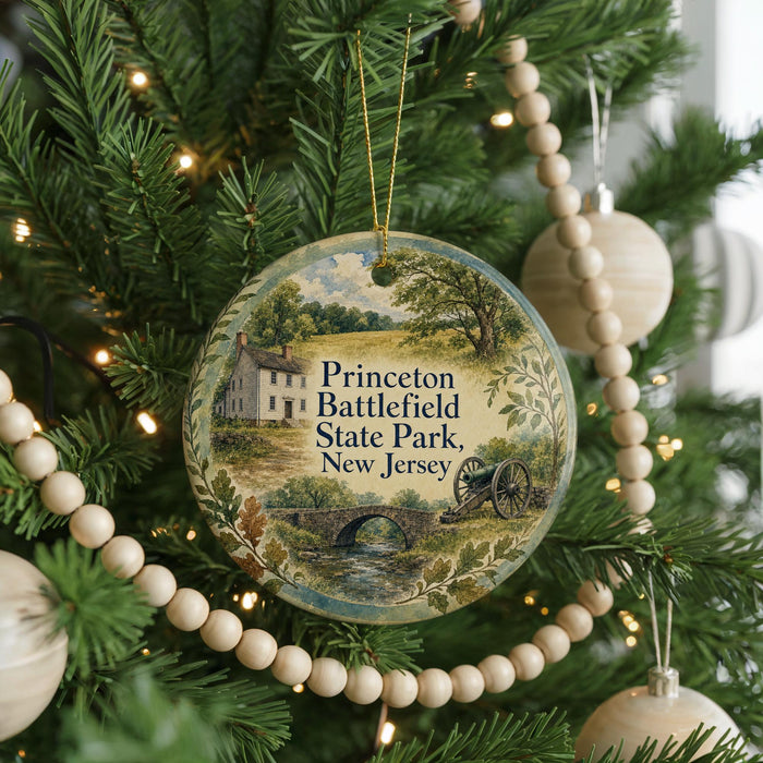 A round ornament hanging on a Christmas tree, featuring a scenic landscape with a house, bridge, and trees.