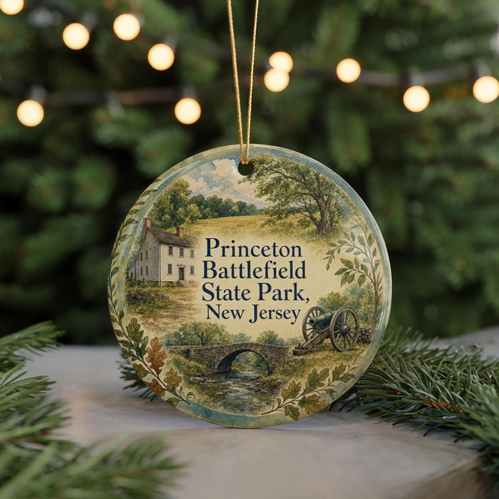 A round ornament with a painting of a house and a bridge, surrounded by greenery, with the text "Princeton Battlefield State Park, New Jersey" displayed on it.