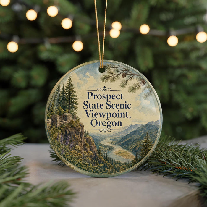 A round ornament with a scenic mountain landscape and pine trees, featuring the text "Prospect State Scenic Viewpoint, Oregon".