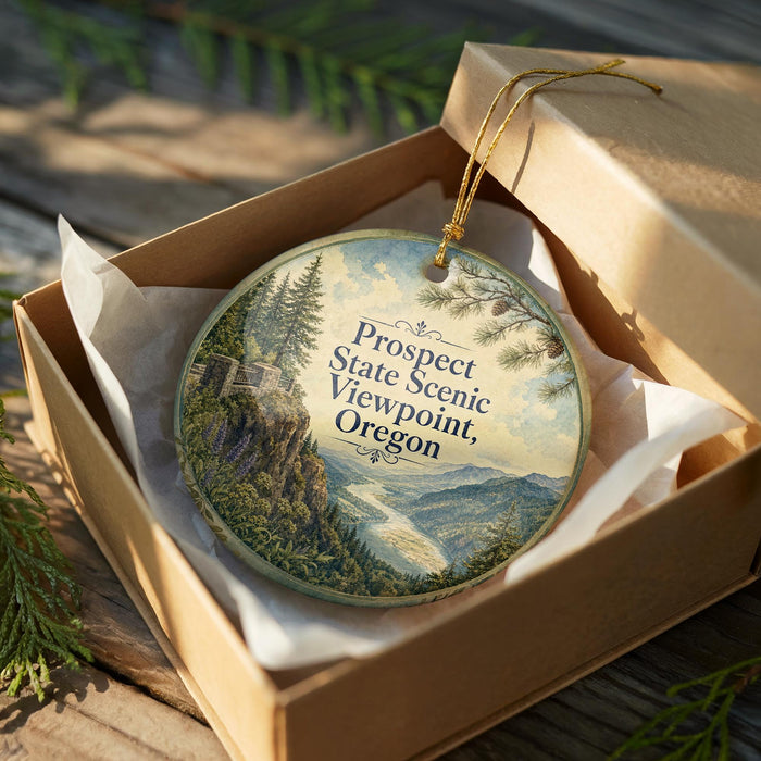 A wooden box containing a decorative ornament with a scenic mountain landscape and text that reads "Prospect State Scenic Viewpoint Oregon".