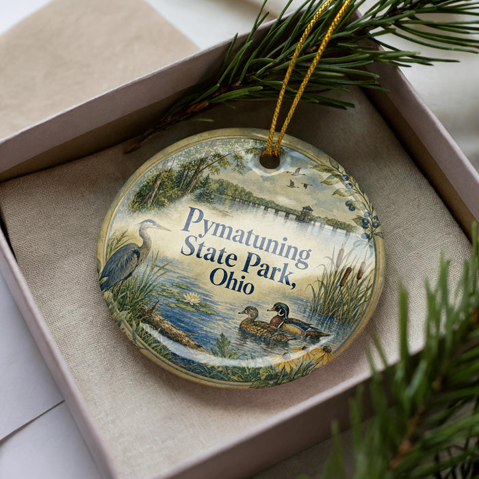A decorative ornament in a box, featuring a scenic image of a lake with ducks and a bridge, along with the text "Pymatuning State Park, Ohio".