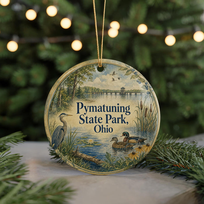 A circular ornament with a painting of a pond and birds, surrounded by greenery and a string of lights.