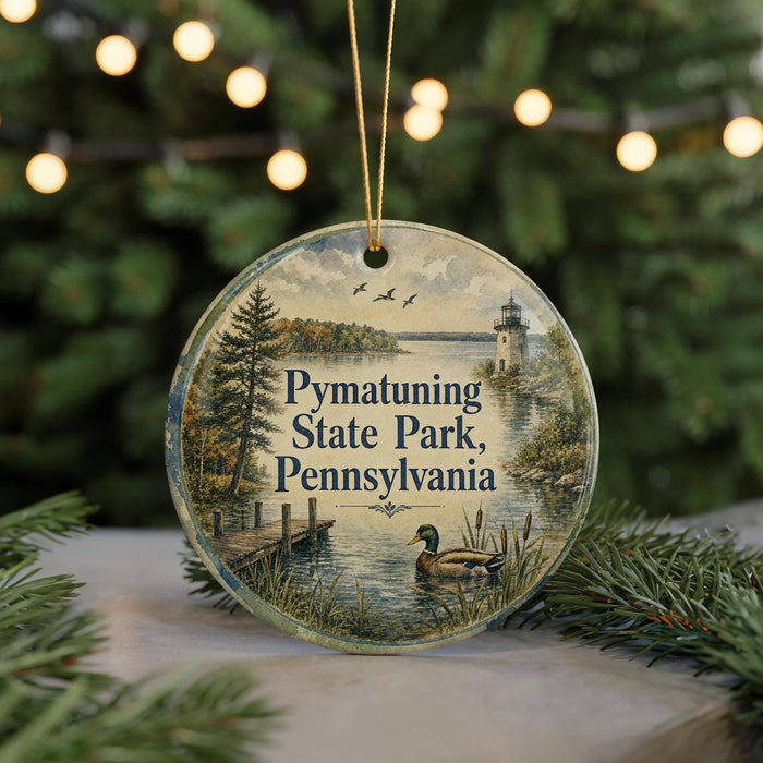 A round ornament with a scenic image of a lake and a lighthouse, surrounded by greenery, hangs in front of a blurred background with twinkling lights.