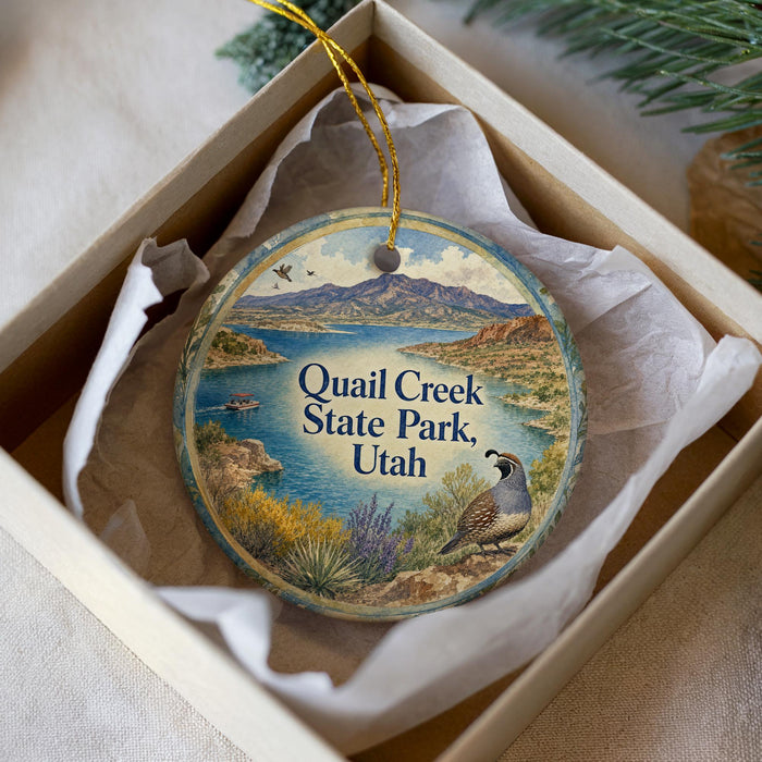 A decorative ornament in a box, featuring a scenic image of Quail Creek State Park in Utah.