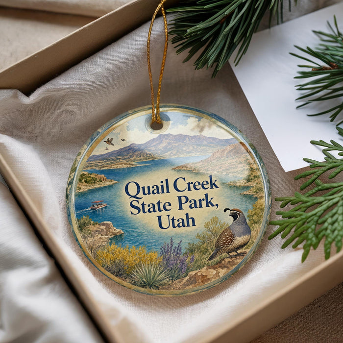 A decorative ornament with a scenic image of Quail Creek State Park in Utah, featuring a bird perched on a rock and a body of water in the background.