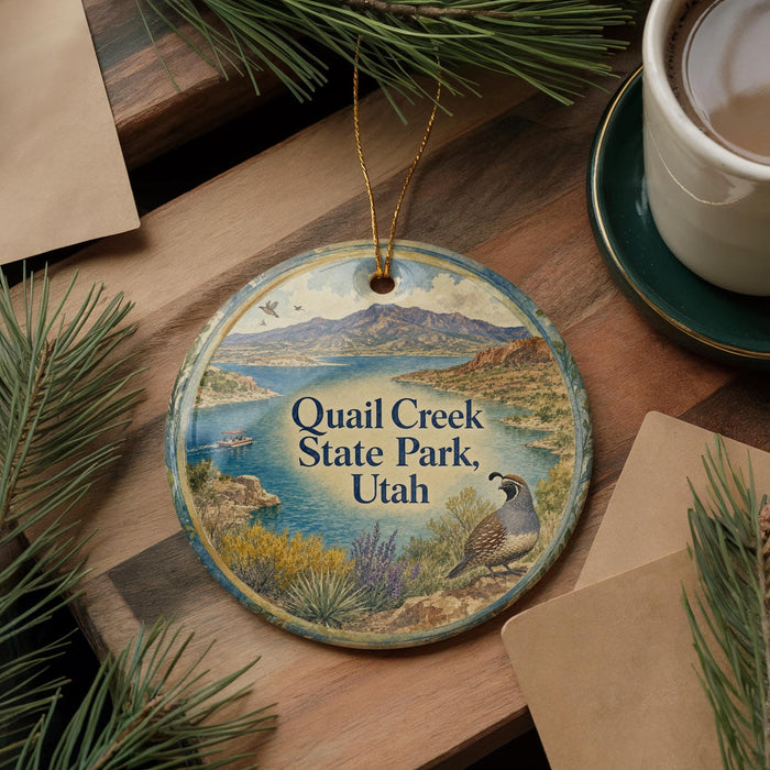 A decorative ornament featuring a scenic image of Quail Creek State Park in Utah, with a bird perched on a rock and a body of water in the background.
