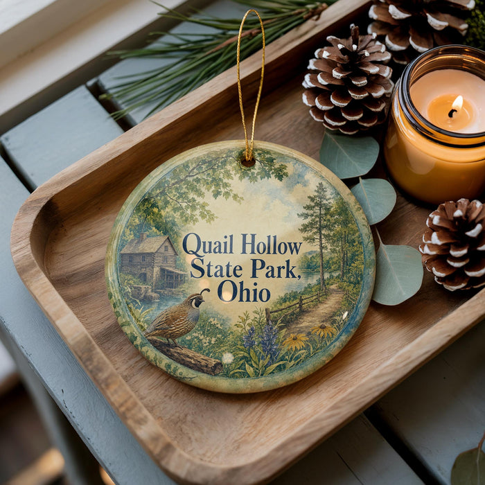 A decorative ornament featuring a quail hole surrounded by pine cones and a lit candle, placed on a wooden surface.
