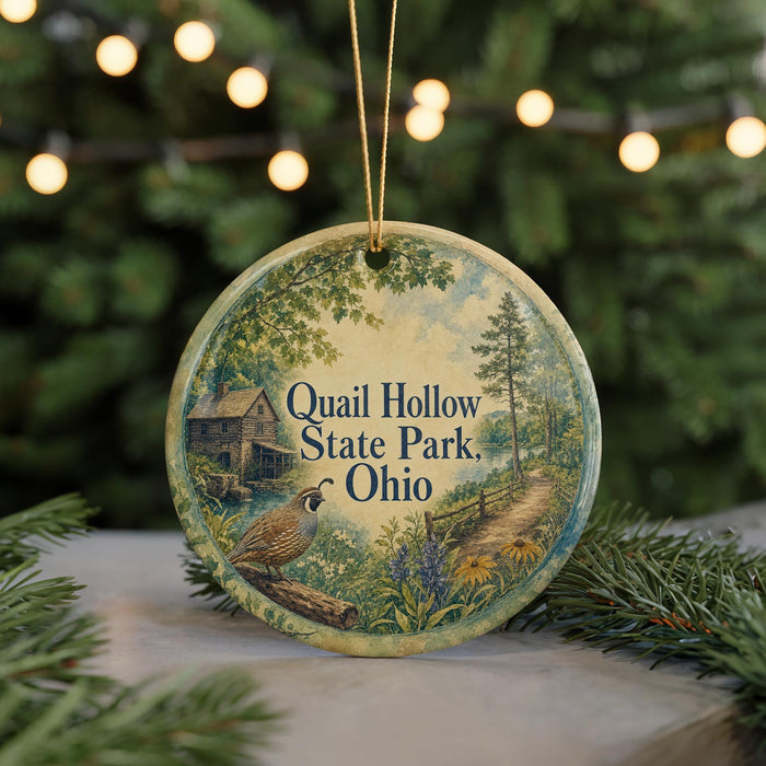 A round ornament with a painting of Quail Hollow State Park, Ohio, featuring a bird perched on a tree branch and a cabin in the background.