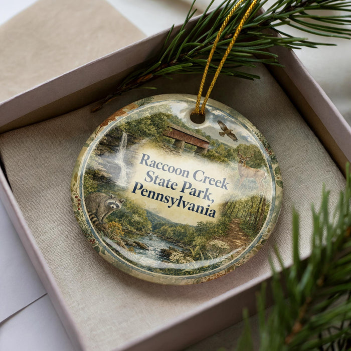 A decorative ornament in a box, featuring a scenic image of raccoons, deer, and a bridge in Pennsylvania.