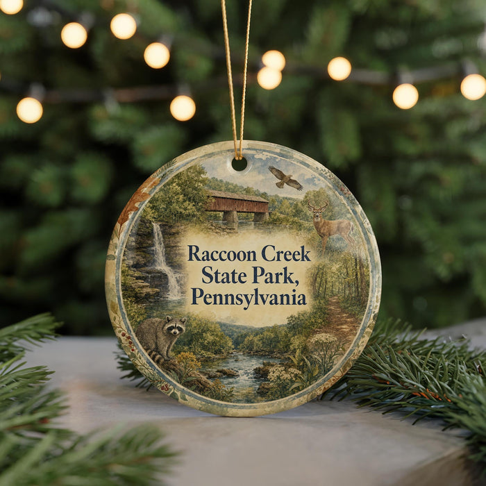 A round ornament with a scenic image of raccoons, a waterfall, and a bridge, surrounded by greenery and a string of lights.