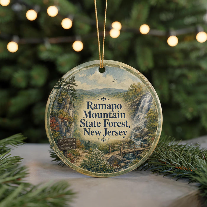 A round ornament with a scenic mountain landscape and a waterfall, featuring text that reads "Ramapo Mountain State Forest, New Jersey".