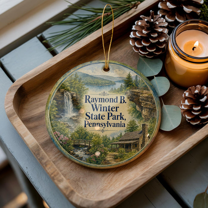 A wooden tray with a decorative ornament featuring a scenic image of Raymond B. Winter State Park, Pennsylvania, surrounded by pine cones and a lit candle.