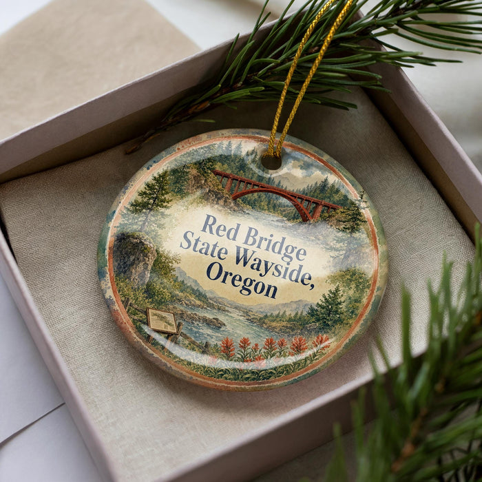 A decorative ornament in a box, featuring a scenic landscape with a bridge and pine trees.