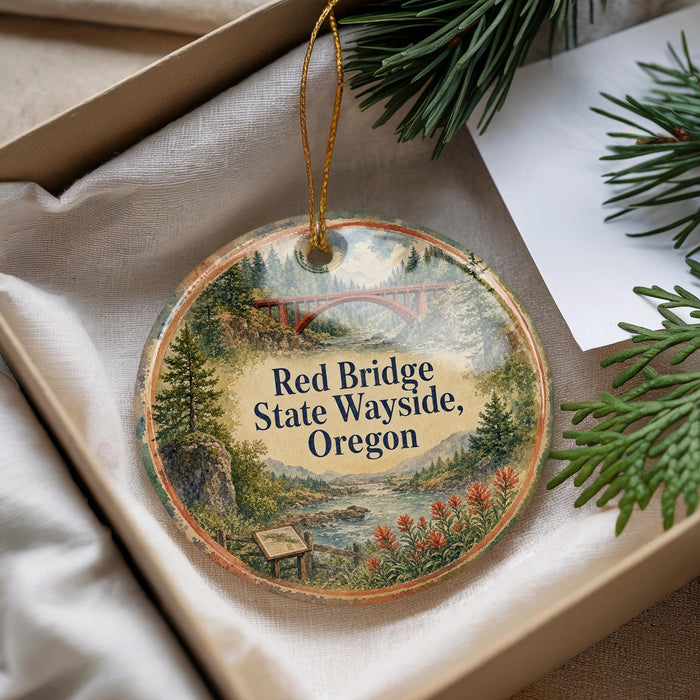 A decorative ornament with a scenic landscape of the Red Bridge State Wayside, Oregon, featuring a bridge, river, and pine trees.