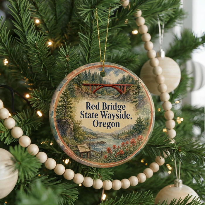 A round ornament hanging on a Christmas tree, featuring a scenic image of the Red Bridge in Oregon.