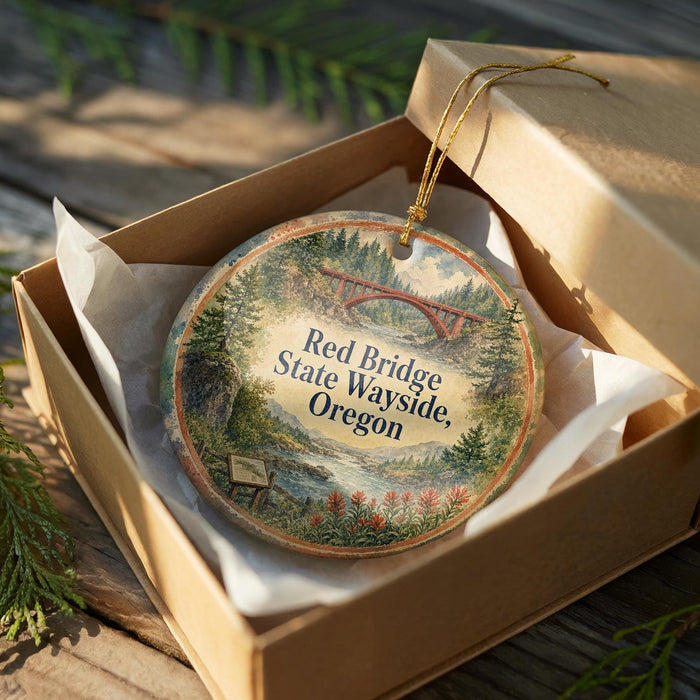 A decorative ornament in a box, featuring a scenic landscape with a bridge and trees, with the text "Red Bridge State Wayside, Oregon" printed on it.