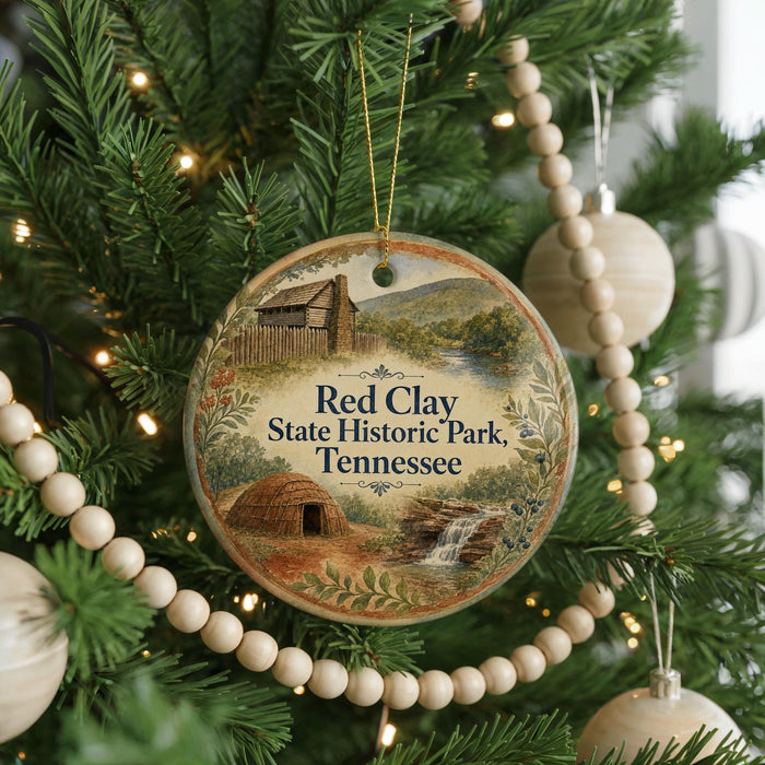 A round ornament hanging on a Christmas tree, featuring a scenic image of Red Clay State Historic Park in Tennessee.