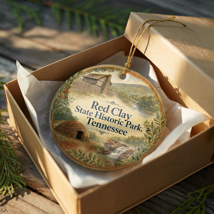 A decorative ornament in a wooden box, featuring a scenic image of Red Clay State Historic Park in Tennessee.