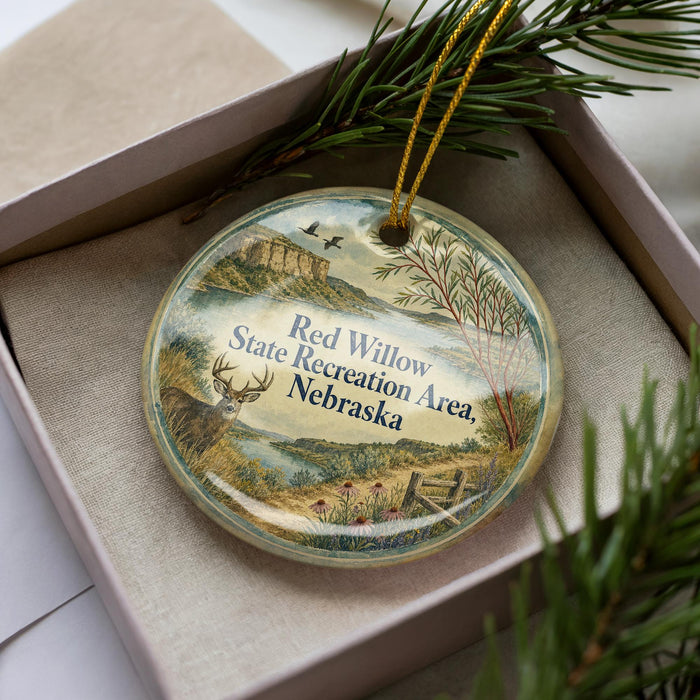 A decorative ornament in a box, featuring a scenic landscape with a deer, trees, and mountains.