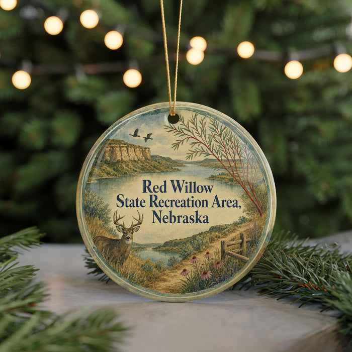 A round ornament with a scenic landscape of a river, mountains, and wildlife, including a deer, is displayed in front of a blurred background of Christmas lights.
