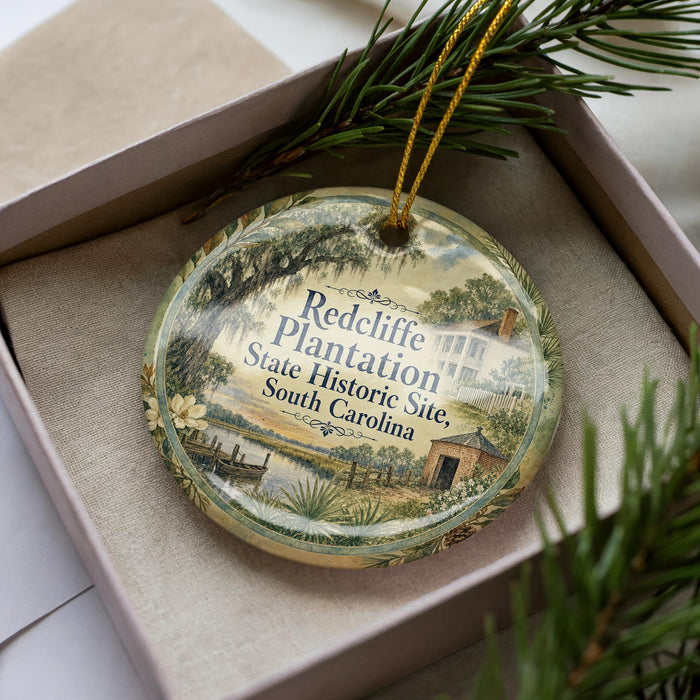 A decorative ornament with a painting of a plantation house and a tree, placed in a box with pine branches.