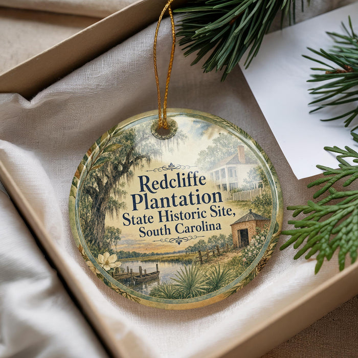 A decorative ornament with a landscape scene and text, placed in a box with pine branches.